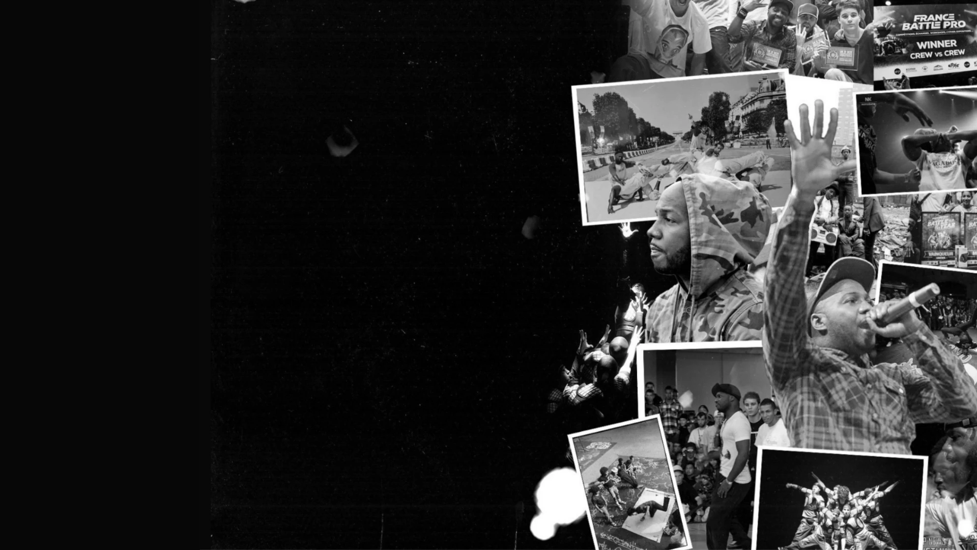 Collage d’archives photographiques noir et blanc du parcours de Neil Tendart : scènes, battles, créations et collectifs